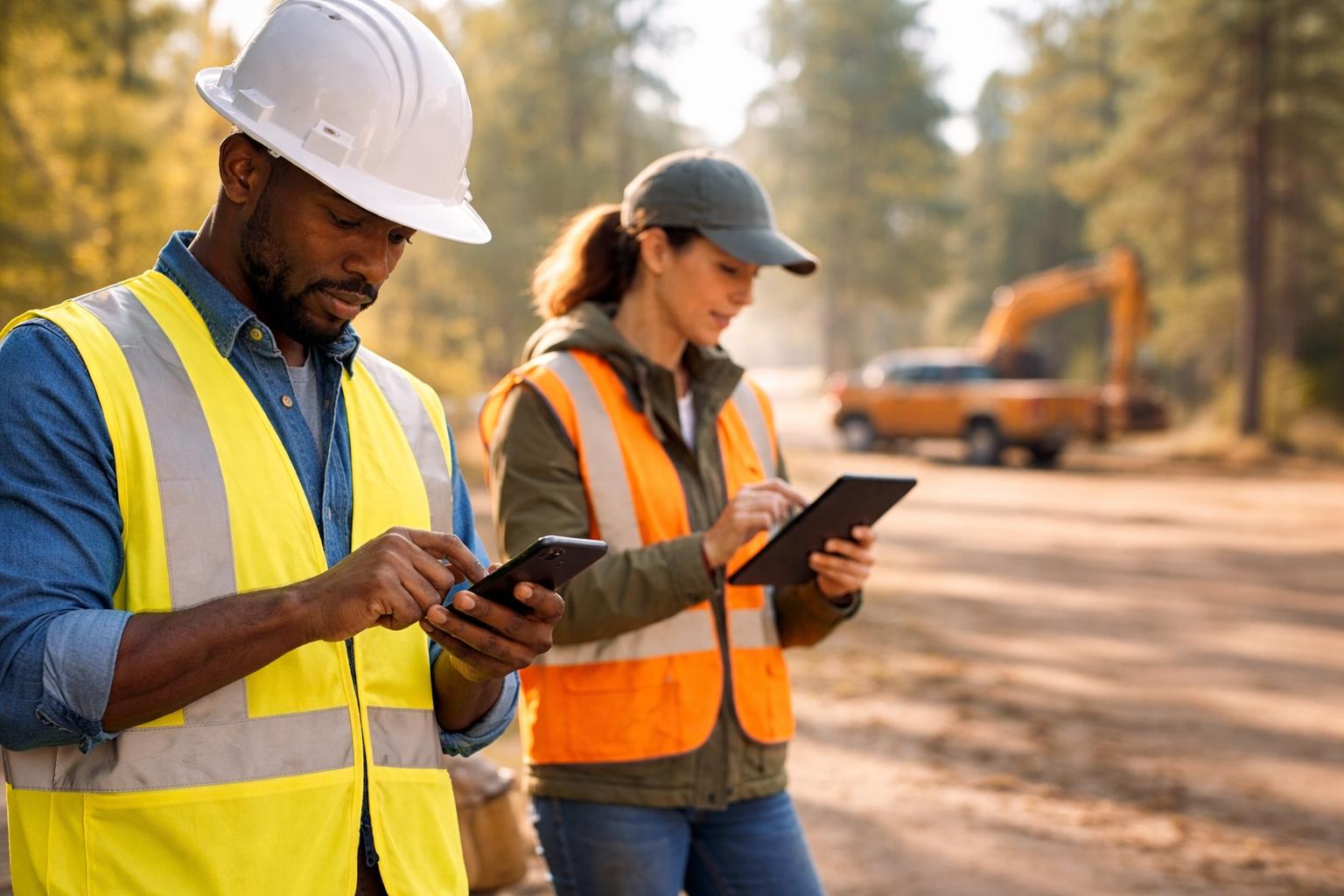 Team using devices at work
