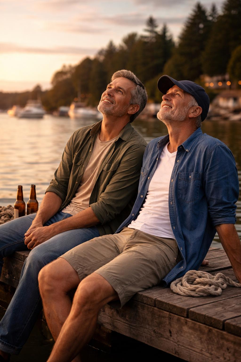 Men sitting at a wharf, looking up at the sky