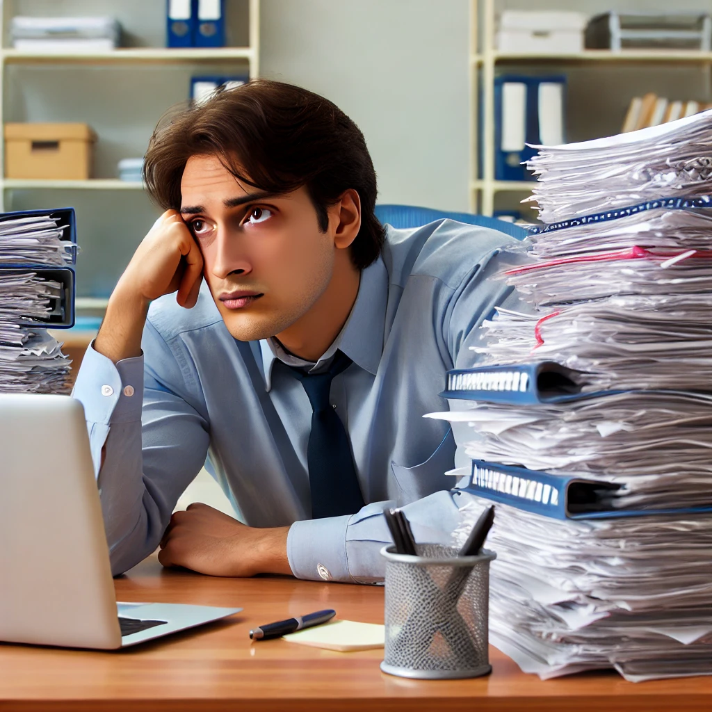 Frustrated man sitting at a cluttered desk