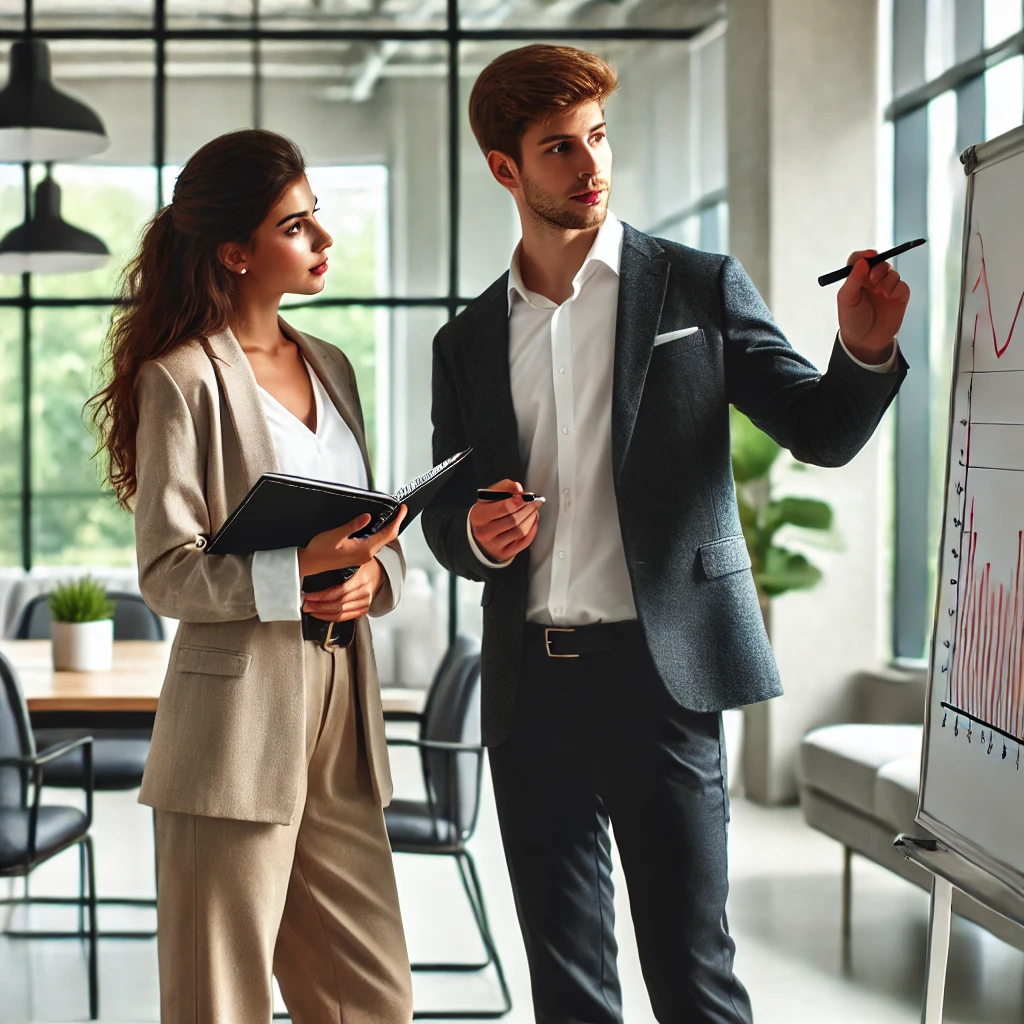 Two co-workers sharing information on a whiteboard